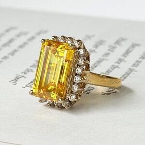 Vintage Sterling Silver Yellow Emerald-Cut Cocktail Ring Size 6